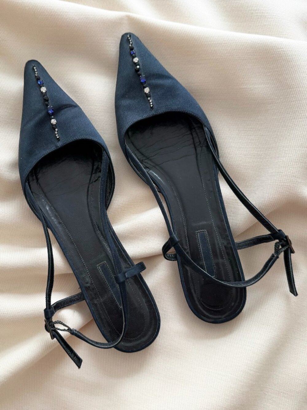 Armani Satin Pointed Toe Flats in Navy, size 39